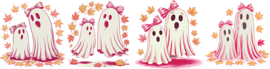 A cute Halloween illustration of two white ghost characters with pink bows on their heads against a dark gray background 