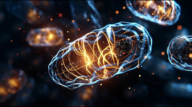 Rapamycin. Longevity. mTOR inhibition. Cell regeneration. Anti-aging. Pharmaceutical science. An abstract representation of glowing bacteria in a dark environment.