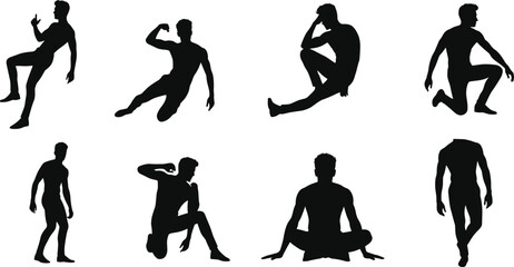 Obraz premium Male silhouette poses for artistic reference, showcasing dynamic gestures, seated and standing postures, ideal for design, animation, and study.
