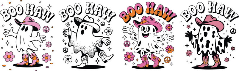 A retro style illustration of a cute cartoon ghost wearing a pink cowboy hat and pink cowboy boots with orange flame designs