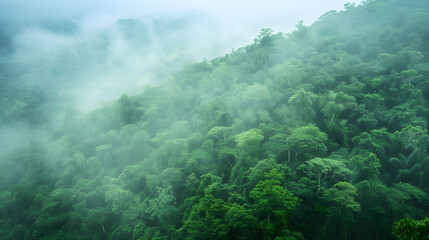 Misty forest on a mountain slope