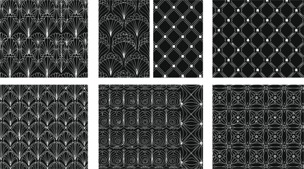 Elegant black and white seamless geometric line art pattern collection, modern abstract vector backgrounds, stylish minimal decorative repeating texture design.