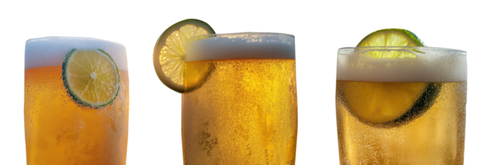 Set of refreshing glasses of beer with lime slices, showcasing various foam levels and chilled condensation, PNG, isolated on transparent background.