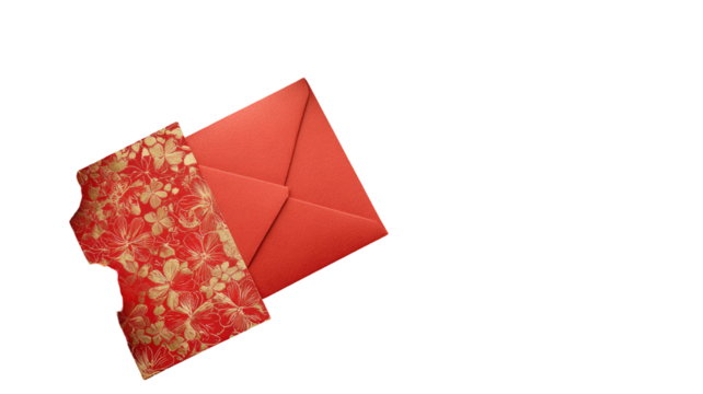 A top view of a red envelope showing elegant paper texture and minimal festive stationery style on white background