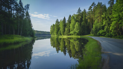Forest lake with road and reflection