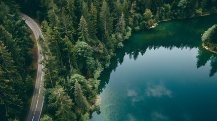 Winding road by forest lake