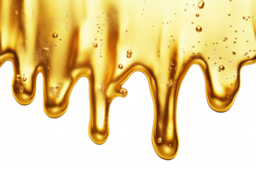 Golden liquid dripping with bubbles isolated on a transparent background