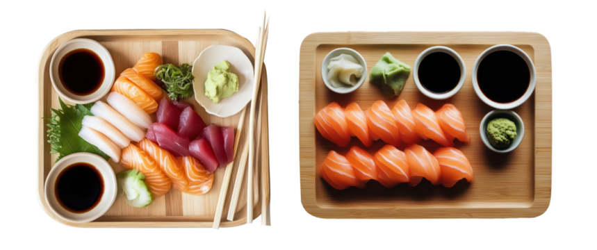 Set of wooden trays with assorted sushi, featuring fresh salmon, tuna, and shrimp, PNG, isolated on transparent background.