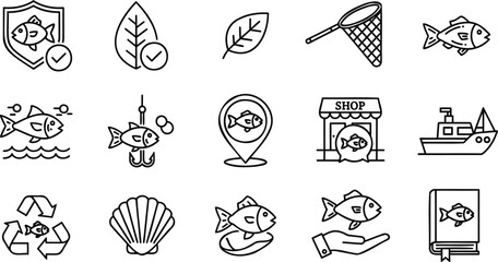 certified fish, eco-label, fishing, Sustainable Seafood Icons. Outline icon set of sustainable seafood choices: 