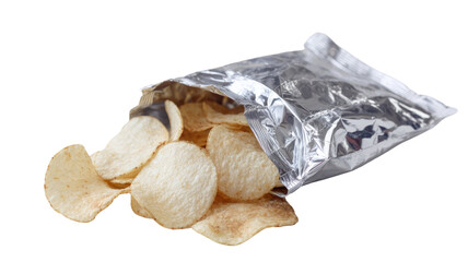 A silver foil bag placed next to a pile of crispy potato chips showing snack packaging and texture on white background.