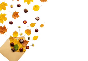 Isolated on a transparent background, autumn leaves, chestnuts, and flowers bursting from an open envelope. For autumn, letters, seasonal celebrations, and nature themes, png.