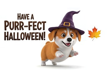 Fototapeta premium Cute dog wearing a witch hat celebrates Halloween happily 