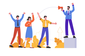 Diverse Team Leader on Podium with Megaphone Guiding Motivated Team in Business Suits Against Transparent Background, Celebrating Success with Upraised Arms