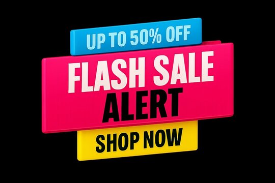 Brightly colored flash sale alert sign with up to 50 percent off and shop now text - Powered by Adobe