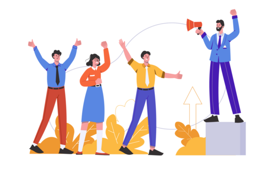 Diverse Team Leader on Podium with Megaphone Guiding Motivated Team in Business Suits Against Transparent Background, Celebrating Success with Upraised Arms