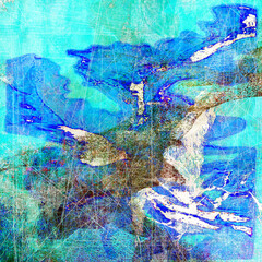 Obraz premium Cool aquatic blues dominate, broken by charcoal eddies and graphite grids that drift like nets through shallow water. Loops of cobalt arc across milky whites; in the lower band a pale border