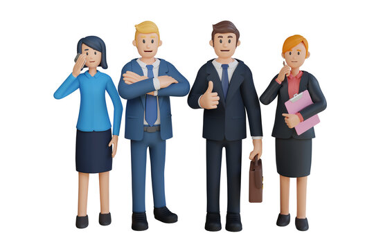 Diverse Team of Four 3D Business Characters in Suits on Transparent Background