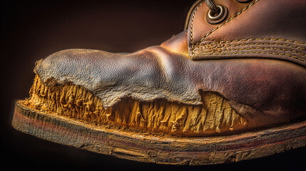 heel. Close-up of a worn leather hiking boot heel showing inner material and texture. lifestyle magazines, social media lookbooks, designed for lifestyle magazines and social media content.
