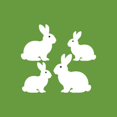 White Rabbit Silhouettes on Green Background – Cute Bunny Family Vector Illustration