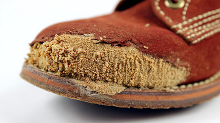 heel. Close-up of a worn leather hiking boot heel showing inner material and texture. lifestyle magazines, social media lookbooks, designed for lifestyle magazines and social media content.
