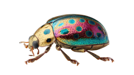 A ladybird with colorful metallic hues showing shiny reflective shell and vibrant insect details in macro view on white background.