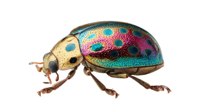 A ladybird with colorful metallic hues showing shiny reflective shell and vibrant insect details in macro view on white background.