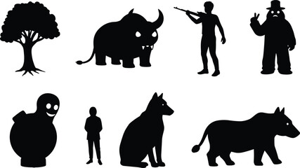 Collection of black silhouettes including tree, fantasy monster, hunter with rifle, cartoon figure, dog, rhino, person, and mysterious character.