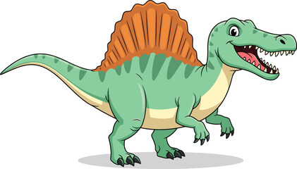 Cute cartoon spinosaurus dinosaur with orange sail, green prehistoric animal illustration for kids learning, education, and dinosaur art design