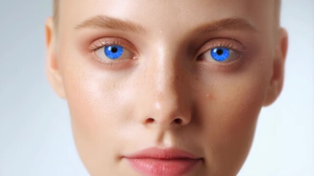 Close-up of a young woman's face with striking blue eyes, against a minimalist background.