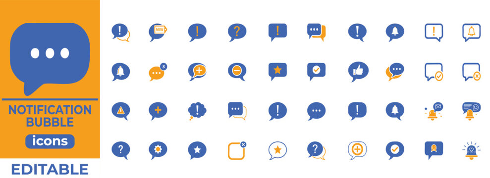 Clean editable notification bubble vector icons in flat style, perfect for apps, UI, alerts, messaging, and digital design
