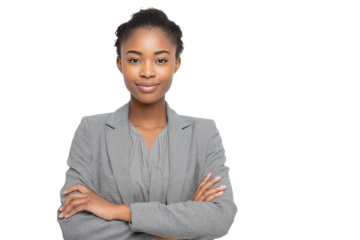 Confident young businesswoman in a professional suit stands proud against a clean background