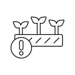 3 sprouts in a planter accompanied by an exclamation point in a circle angled stripes beneath plants