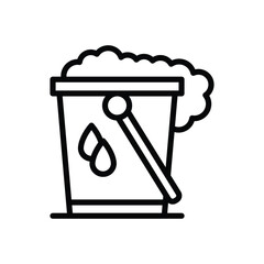 A black and white line drawing of a bucket filled with suds and a water droplet design