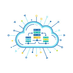IT Infrastructure Graphic Simple, bold vector illustration of a cloud server and abstract data transmission. Perfect for technology and corporate use.