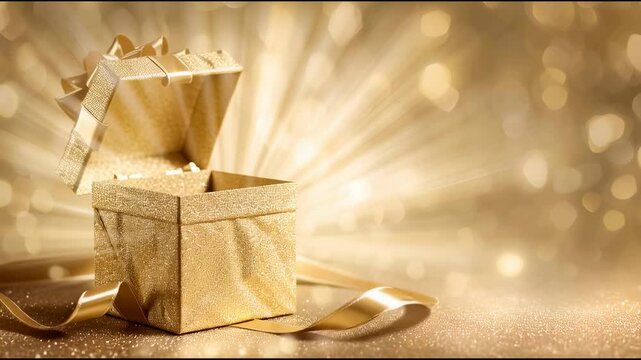 Gold gift box in luxury in shiny spotlight.Celebration and giving festival event concepts
