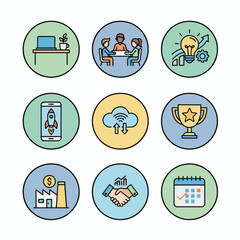 Minimalist Office Scene Startup and remote work icon set. Harmonious color combination, bold lines, and flat vector style. Perfect for presentations.