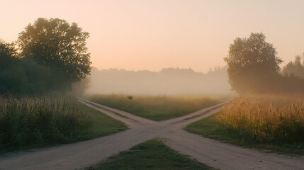 Fototapeta premium junction. A conceptual crossroads splitting in two directions, symbolic path choice. wellbeing guides, coaching materials, designed for coaching and self-improvement content, used by lab technicians. 