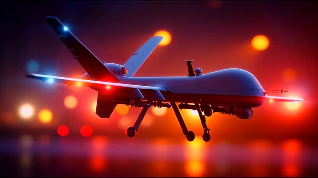 
Military uav drone technoloty flying on the air in night.
Tactics attack and defence with intelligent unmanned aerial vehicle