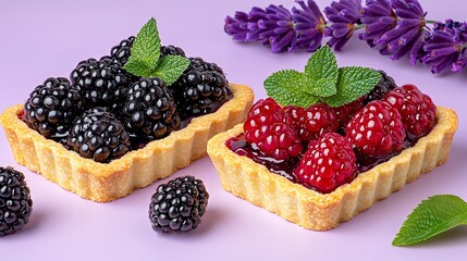 Fresh Berries in Tart Shells with Lavender on a Purple Surface