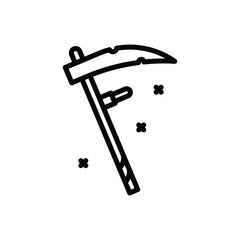 A black scythe icon with small black asterisks scattered around it