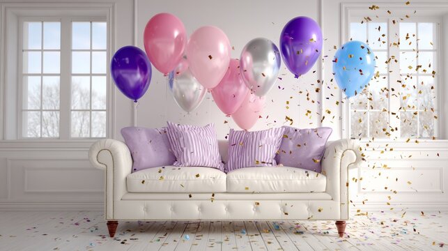 A cozy living room with a white sofa adorned with purple and pink pillows, colorful balloons floating above, and confetti scattered on the floor