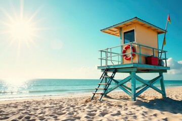 A lone tower overlooking a beach, summer sun shining, lifeguard equipment neatly organized, ready for action A tranquil scene of safety and summer vacation , lifeguard tower, safety, equipment