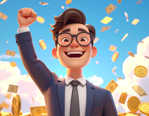 Successful Businessman Celebrating with Cash in Hand
