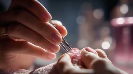 A woman's hands precisely hold tweezers as the woman carefully handles small crystals. The woman's hands focus on placing crystals with delicate precision in soft light.