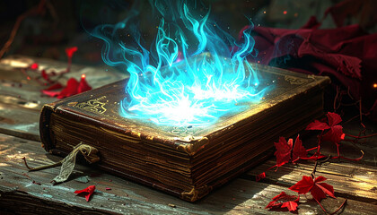 Magical Ancient Book with Glowing Blue Flames