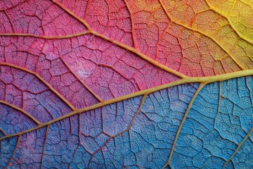 Obraz premium Close-up showing multicolored leaf veins. Vibrant reds, pinks, blues, and yellows create a textured pattern