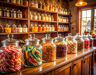 Vintage Candy Store with Colorful Sweets in Glass Jars