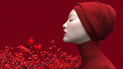 A profile view of a woman with a smooth, pale face, adorned in a red beaded outfit and headwrap, surrounded by red berries and vibrant red birds, set against a deep red background