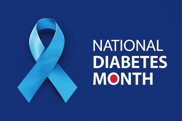 Blue ribbon symbolizing diabetes awareness for national diabetes month with text on a dark blue background
