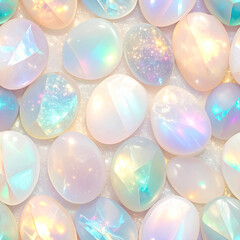 Opalite gemstones shimmering in iridescent, soft pastel colors on white shiny, glittering, background surface, flat-lay with polished milky white opal moonstones in oval shape